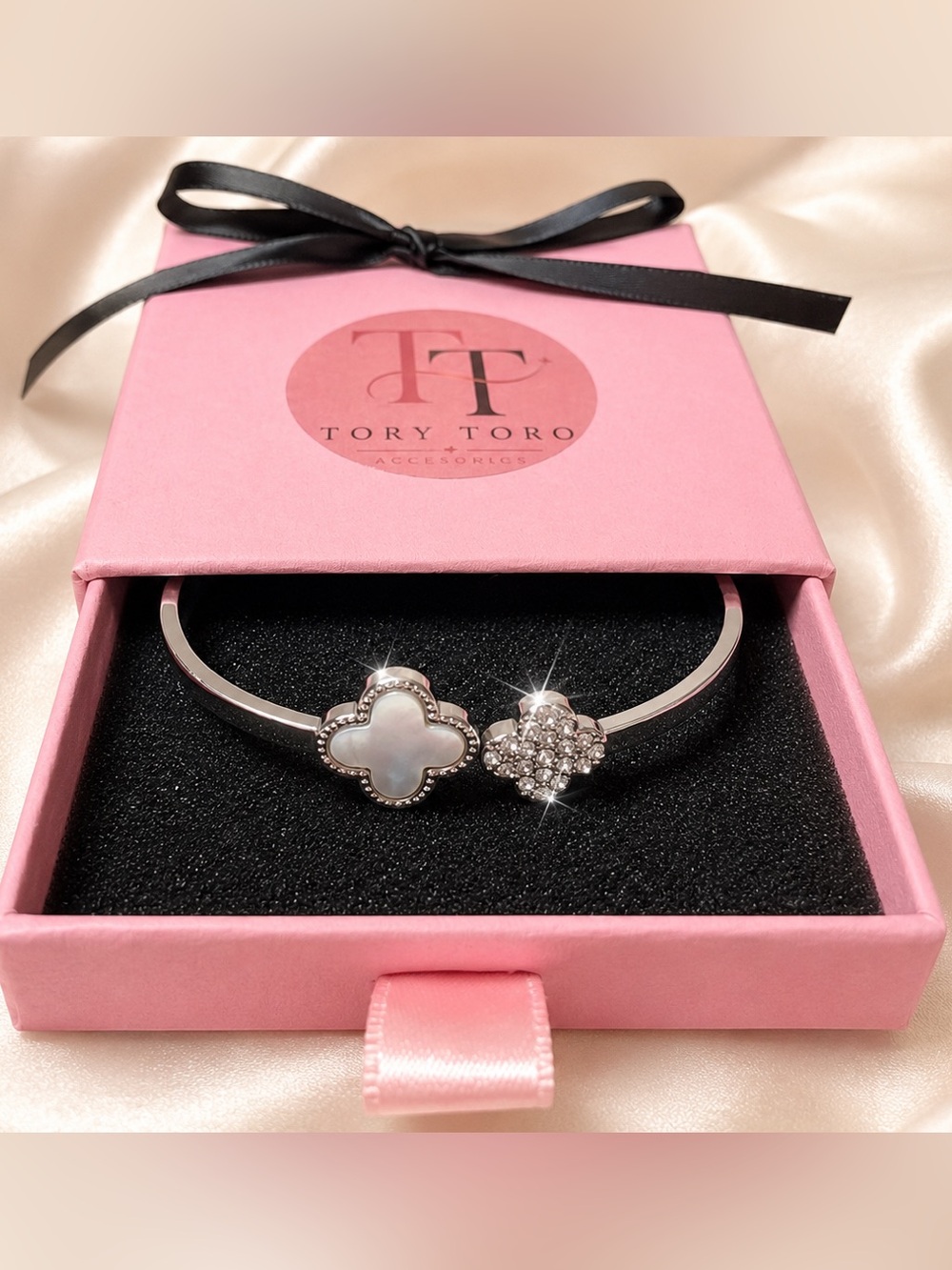 Silver Flower Cuff Bracelet - White Mother-of-Pearl & Crystal🤍🩶 - Picture 3 of 5